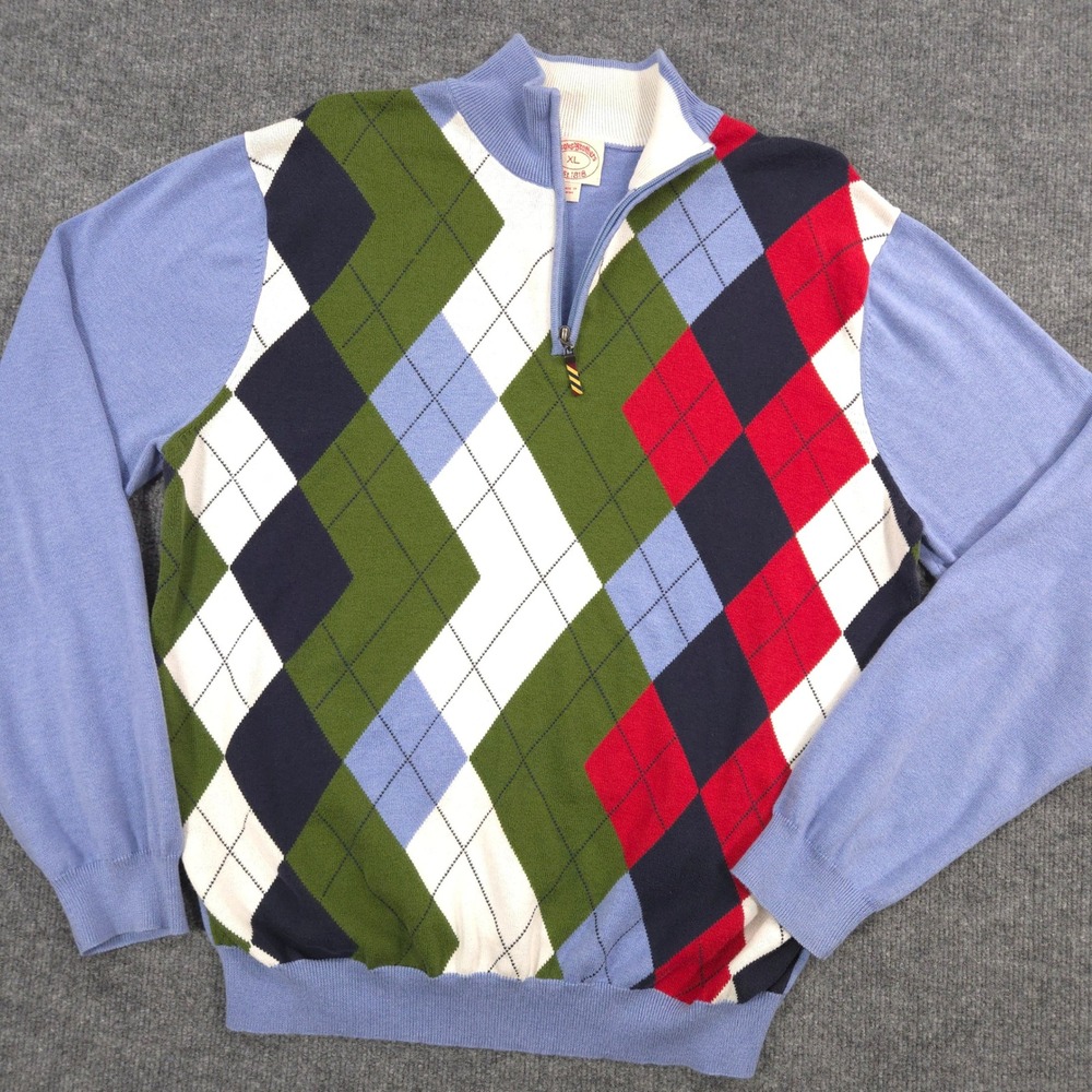 Brooks Brothers 1/4 Zip Sweater Mens XL Blue Argyle Quarter Zip Wool Blend
